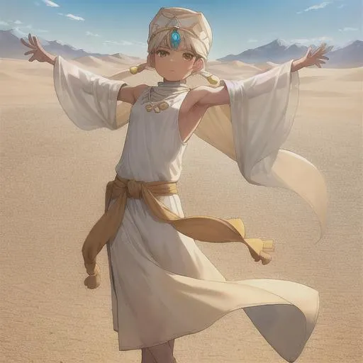 Prompt: Desert Nomad Raffian:
Channeling the essence of the vast, sandy dunes, Raffian's outfit is designed for comfort and adaptability in the desert heat. He wears a billowy, sleeveless linen tunic in a warm, sandy hue, which allows for maximum airflow and ease of movement. A lightweight, intricately patterned sash is wrapped around his waist, serving both as a decorative and practical accessory. His pants are loose and flowing, made of a breathable fabric in a shade of sun-bleached beige. Sturdy, open-toed sandals shield Raffian's feet from the scorching sands while providing ample ventilation. A flowing headscarf and matching face covering, adorned with geometric patterns, protect Raffian from the sun's relentless rays and swirling sandstorms.