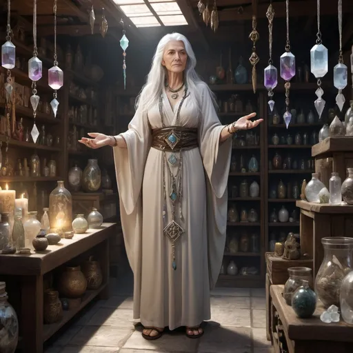 Prompt: (character design sheet) "An older mature white woman with long, silver hair and piercing eyes, dressed in flowing robes adorned with ancient symbols. She stands in a dimly lit shop filled with crystals, talismans, and other mystical items, exuding an air of ancient knowledge and mystery."