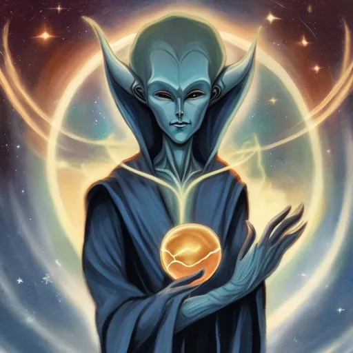 Prompt: androgynous alien guardian of earth etherial soft benevolent holding an orb surrounded by celestial