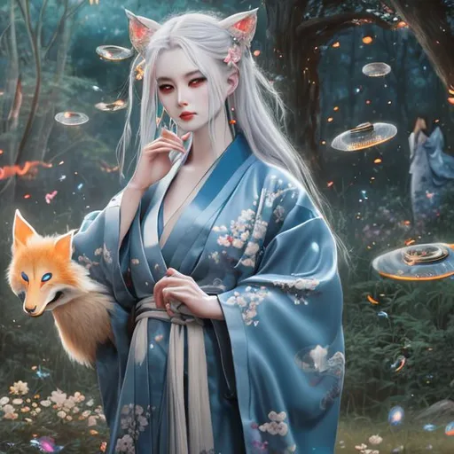 Prompt: Piercing blue eyed kitsune in decadent silk kimono in a field surrounded by fireflies Hyperrealistic uhd