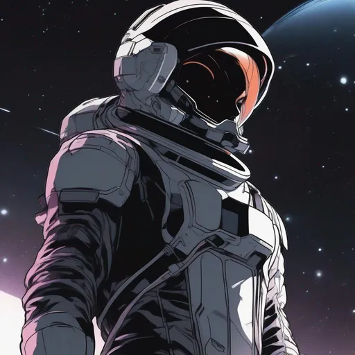 Prompt: A male scifi soldier wearing black a space suit. Deep space, an helmet needed for respiration cover is face. Anime art. Akira art. 2d art. 2d.