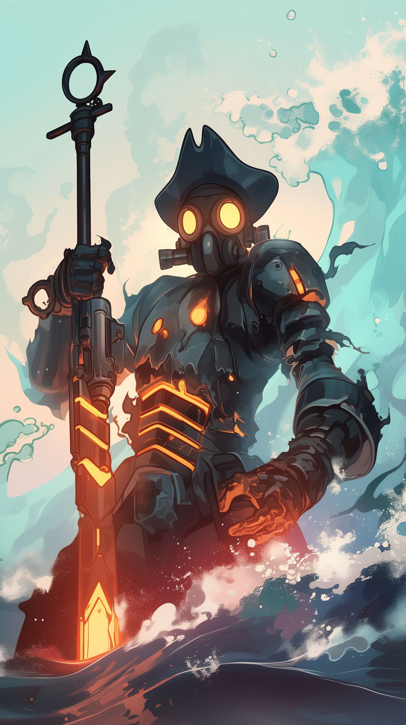 Prompt: Watery background, Ocean, waves, a man inside of a fire proof suit with a gas mask, reflective, pirate, futuristic apocalypse, attractive, rugged, arms with a futuristic gun, blocky cell shading, clouds, overcast, blistering heat, boiling waters,