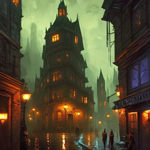 Prompt: Oil painting,Smooth lighting ,style of Ravenloft,art, in a city at night.