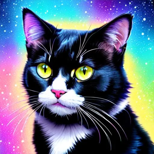 Prompt: Watercolor portrait of a roaring neon tuxedo cat with iridescent black markings roaring with and galaxy in background, perfect composition, hyper realistic, super detailed, 8k, high quality, intricate details, illustration, watercolor