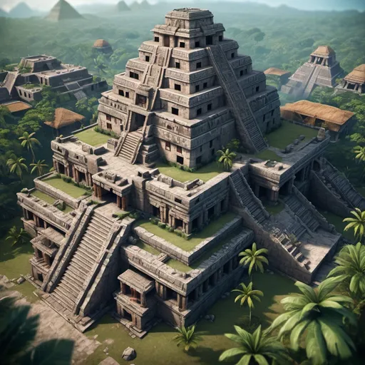 Prompt: Small mayan style palace, entire structure, birdview, surrounded by vibrant mayan city, immersive world-building, high quality, detailed, epic scale, rpg-fantasy
