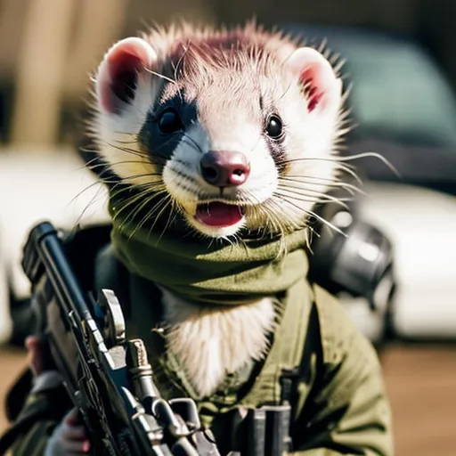 Prompt: ferret wearing a gas mask, having a gun