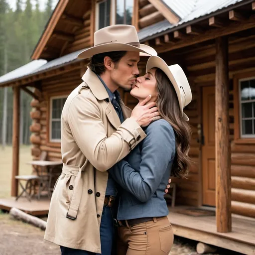 Prompt:  a man with a light tan trench coat grey saddle pants Calvery boots and a fort crushable silver belly hat kissing a woman with brunette hair wearing a small brown hat a dark blue jacket and brown pants leaning against a log cabin