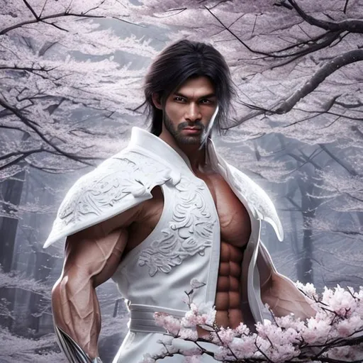 Prompt: ultra realistic muscular  swordsman wearing white coat in cherry blossom forest