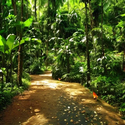 Prompt: Taken with a dslr camera  a beautiful forest with different trees and animals such as tropical birds, and butterflies.