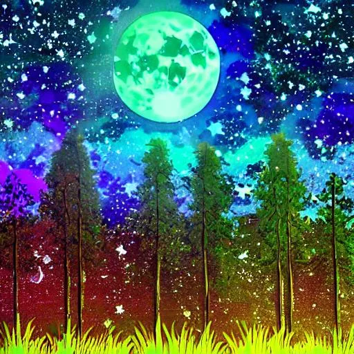 Prompt: Night forest with full moon and stars