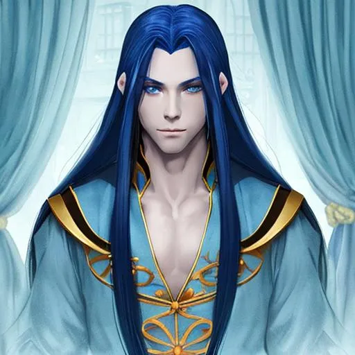 Prompt: Princess in dark castle, long blue hair, male