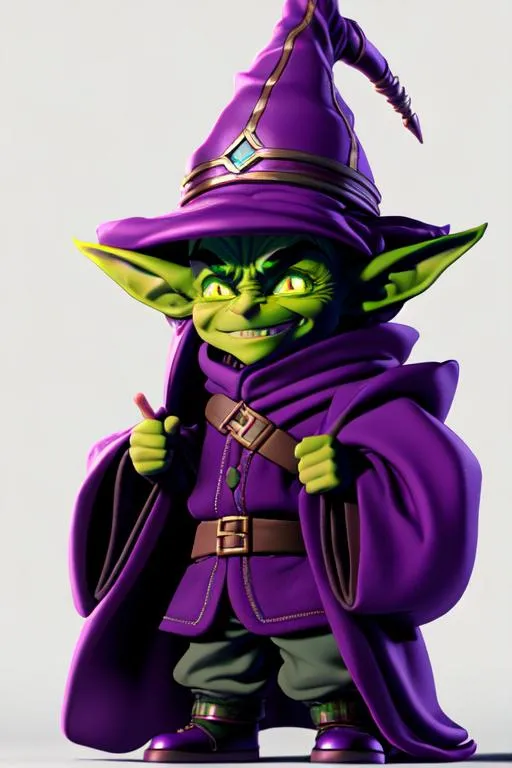 Prompt: Hyperdetailed painted-image tiny short green goblin wizard, rage

Hyperdetailed clothes, oversized purple robes,

Soft lighting, studio background