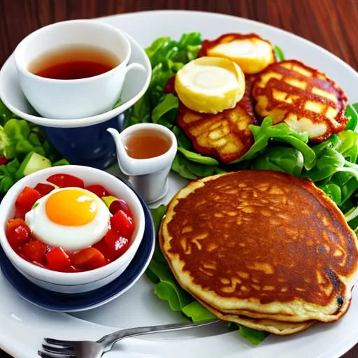 Prompt: A set of English style breakfast, zoom in, salad, tea, potato, pancakes