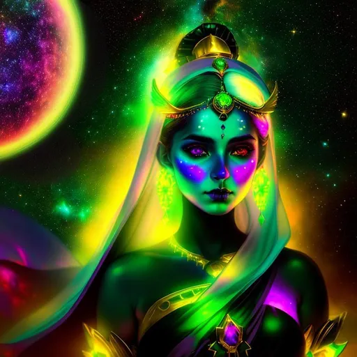 Prompt: Cosmic cinematic, Nebula, 3D, HD, {Beautiful Sugarskull}female as Goddess, plasma gold green silver red black, expansive Cosmic background, interstellar, freeform dark chaos, hyper realistic, 8K --s98500