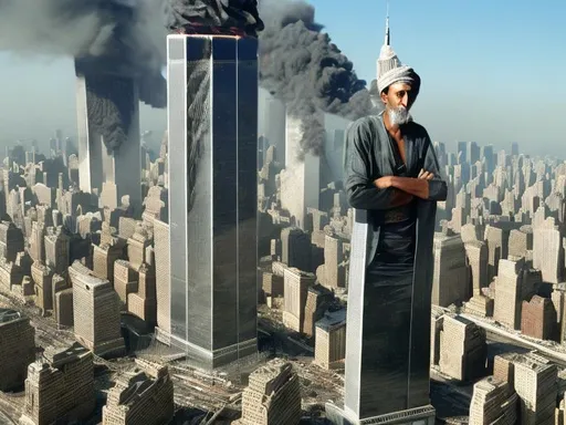 Prompt: 9/11 with osoma bin laden posing at the bottom of the towers