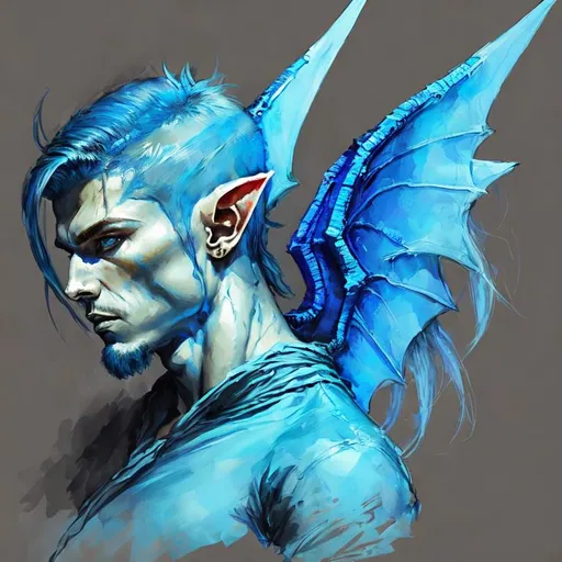 Prompt: Big Blue Dragon wings on an elf man with long Azure hair and fire