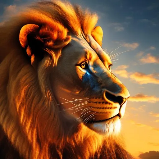 Prompt: Graceful Strength - Witness the mesmerizing beauty of a majestic ((Lion head And Blue)) skies. Lighting: Golden hour radiance blending with the blue hues. Mood: Regal and serene.