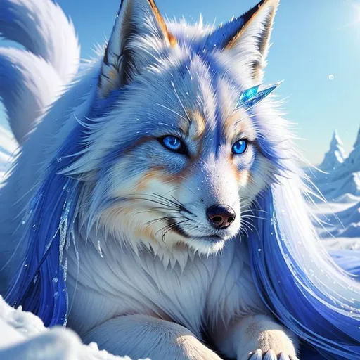 Prompt: (masterpiece, professional illustration, epic digital art, 3D, best quality:1.5), insanely beautiful ((fox)), (canine quadruped), adolescent female, ice elemental, deep blue pelt covered in frost, ((insanely detailed bashful hypnotic sapphire blue eyes, sharp focus eyes)), gorgeous 8k eyes, gorgeous silver mane covered in frost, (plump:2), finely detailed fur, hyper detailed fur, (soft silky insanely detailed fur), moonlight beaming through clouds, relaxing in frosted meadow, grassy field covered in frost, cool colors, professional, symmetric, golden ratio, unreal engine, depth, volumetric lighting, rich oil medium, (brilliant auroras), (ice storm), full body focus, beautifully detailed background, cinematic, 64K, UHD, intricate detail, high quality, high detail, masterpiece, intricate facial detail, high quality, detailed face, intricate quality, intricate eye detail, highly detailed, high resolution scan, intricate detailed, highly detailed face, very detailed, high resolution