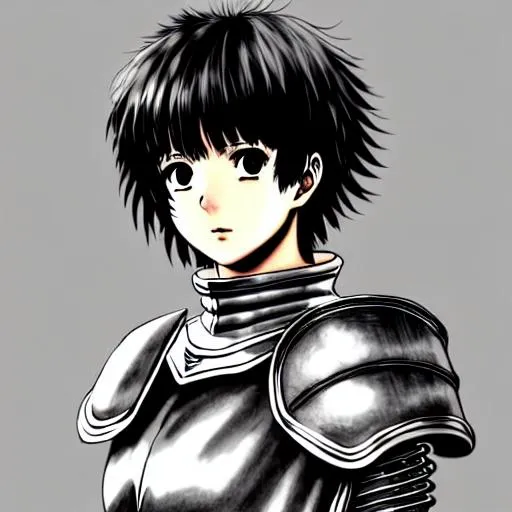 Prompt: anime portrait of Casca from Berserk wearing armor, anime eyes, blushing, beautiful intricate black hair, shimmer in the air, hyper-realistic, beautiful, beautiful wavy hair, symmetrical, smiling, kind, bloom and blush, DeviantArt, extremely detailed eyes, in Berserk manga style, concept art, SFM style model, digital painting, looking into camera, square image, Kentaro Miura