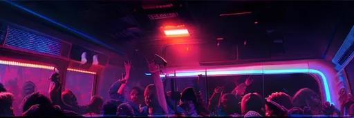 Prompt: dancing party people in a bus dancing with lasers, perfect composition, hyperrealistic, super detailed, 8k, high quality, trending art, trending on artstation, sharp focus, studio photo, intricate details, highly detailed, cyberpunk, by greg rutkowski