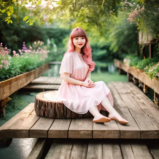 Prompt: Realistic photo of,10 cm sized, 21 years girl with soft and pink hair,soft and shiny skin "siting on giant plate" on giant old wooden table with giant relaxing garden background