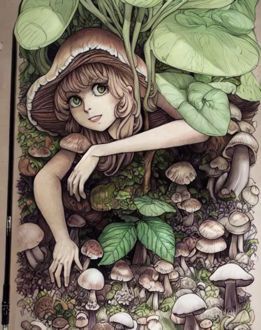 Prompt: A forest of mushrooms, moss and Large leaves. drawing. Full body.