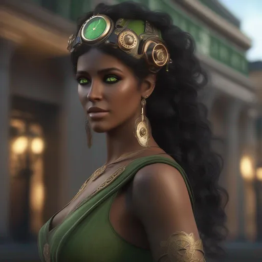 Prompt: greek goddess in steampunk style, black hair, dark skin, green eyes, lots of details, photorealistic, hyperrealistic, unreal engine, radiant colors