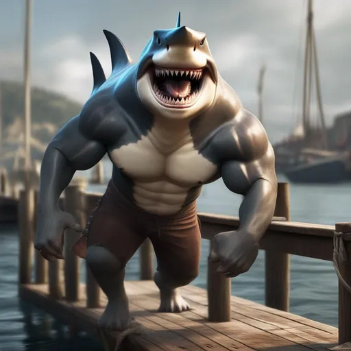 Prompt: anthropomorphic, shark, realistic, muscular, human proportions, on the dock, huge grin, lots of scars, medieval,  high definition, professional