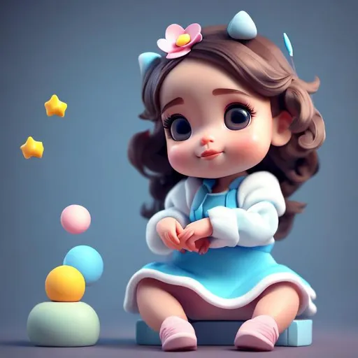 Prompt: tiny cute baby girl with blue flower, brown long curly hair, sitting character, soft smooth lighting, soft pastel colors, skottie young, 3d blender render, polycount, modular constructivism, pop surrealism, physically based rendering, square image