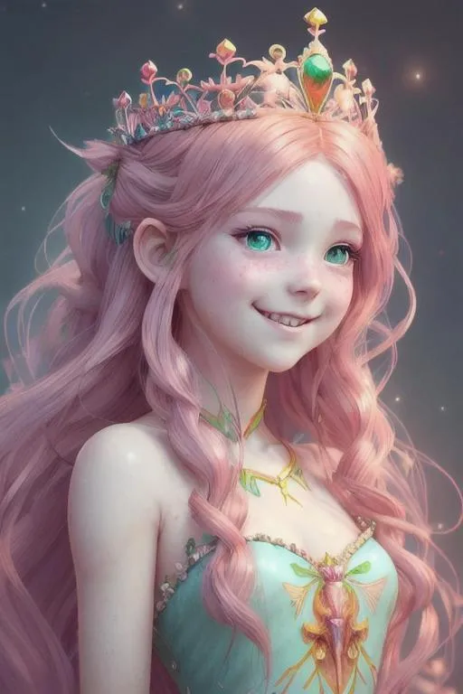 Prompt: Gorgeous fairy girl wearing crown with long neon hair, two wing, a smile on face, cute red cheeks, unreal engine, highly detailed, artgerm digital illustration, woo tooth, studio ghibli, deviantart, sharp focus, artstation, by Alexei Vinogradov bakery, sweets, gorgeous, emerald eyes, sparkled, 8 k