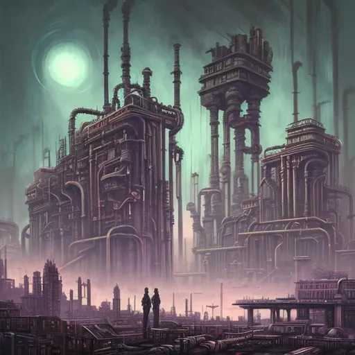 Prompt:  fantasy art style, painting, brutalist architecture, brutalism, brutalist building, pipes, industrialisation, industry, power plants, nuclear fusion, concrete, metropolis, giant, crowded, dense city, overpopulated, crowds, neon lights, green neon lights, purple neon lights, pollution, gas emissions, smog, fog