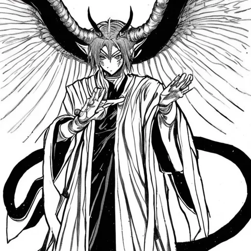 Prompt: Manga character that's a demon with a halo connected to his horns

