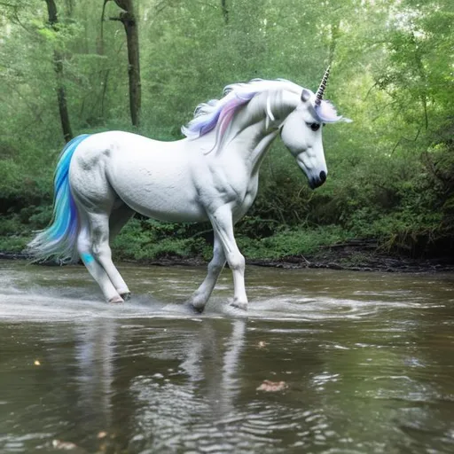 Prompt: Unicorn walking through forest stream creek