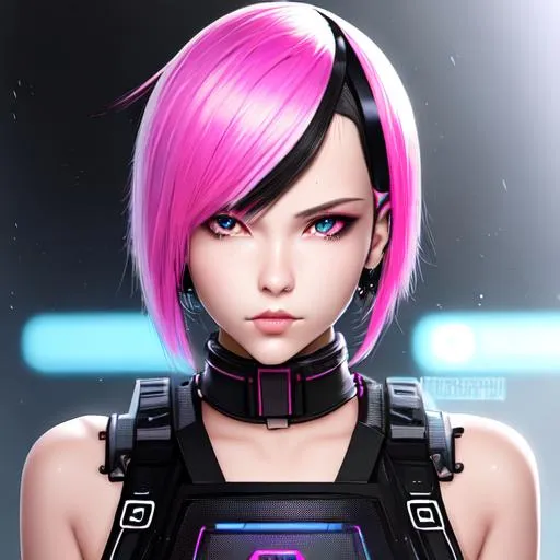 Prompt: cyber punk, insanely beautiful 16 year old girl. black with pink streaks , one side shaved bob cut hair.  wearing black visor. perfect grey eyes. perfect anatomy. symmetrically perfect face. hyper realistic. soft colours. no extra limbs or hands or fingers or legs or arms.