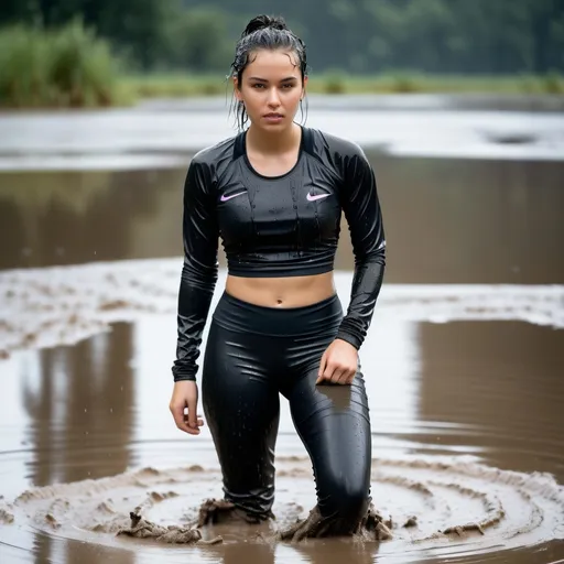 Prompt: photo of young woman, soaking wet clothes, black trainers, muddy spandex leggings, black nike crop top,  , wading waist deep in a mud lake,   enjoying, water dripping from clothes, clothes stuck to body,  detailed textures of the wet fabric, wet face, wet plastered hair,  wet, drenched, professional, high-quality details, full body view.