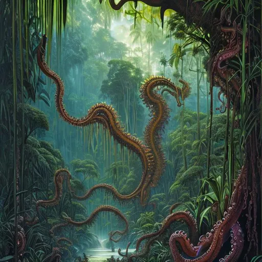 Prompt: Landscape painting, lush and dark jungle, a huge human sized feral orchid with tentacles, dull colors, danger, fantasy art, by Hiro Isono, by Luigi Spano, by John Stephens