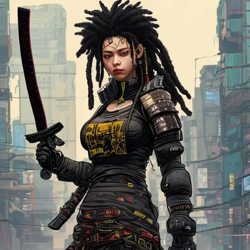 Prompt: large breasted cyberpunk female with dreadlocks and wielding a katana