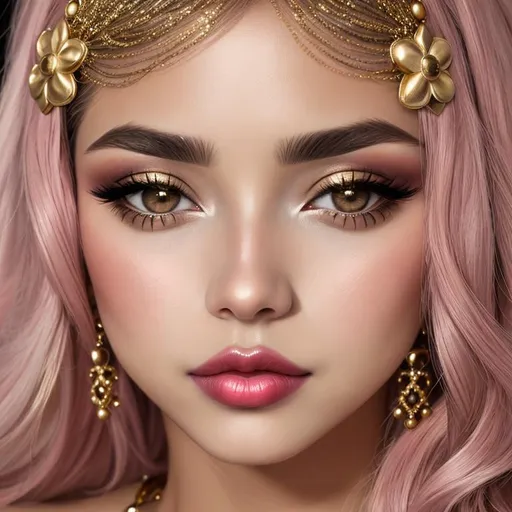 Prompt: big  eyes and carmine lips, silver and golden breaded silk, lips, pink cheeks