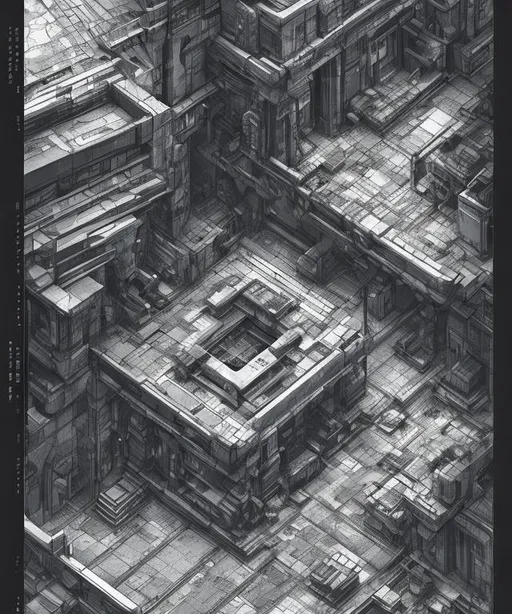 Prompt: full page scan of 1400s detailed concept art, cyberpunk, mathematics and geometry, architecture, urban section, post apocalyptic, desaturated, 8K matte, good lighting, concept in the style of blame! manga