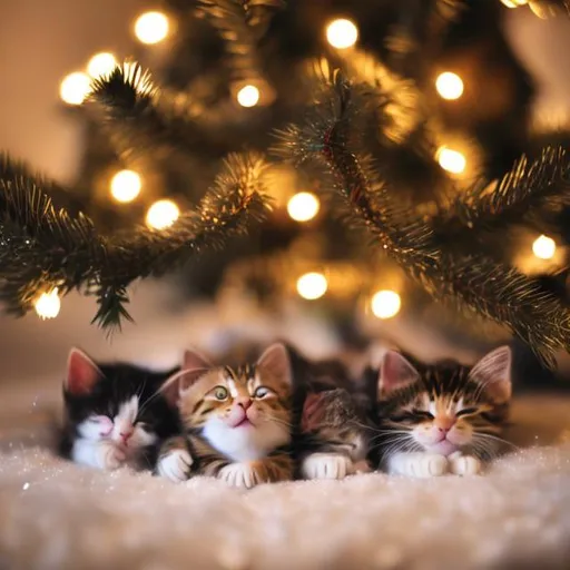Prompt: kittens sleeping under a white christmas tree