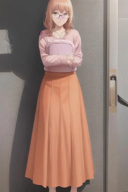 Prompt: An 18-year-old woman, 183 cm tall, with a slim, trim figure. She's wearing orange glasses, a  flowing skirt in orange, a in pale pink cozy sweaters,  light blue Basket. Shy and gentle expression on the face. Full body