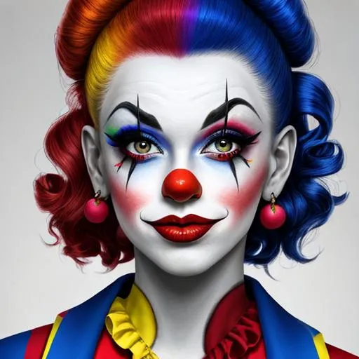 Prompt: A pretty female clown all in primary colors, pretty makeup