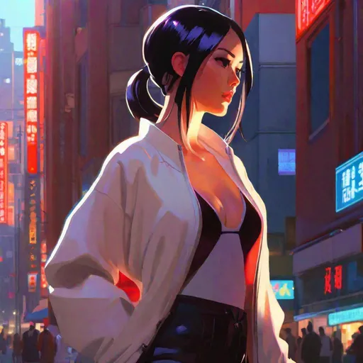 Prompt: "Full_body_centered_portrait_elegant_woman_ample_chest_showing_skin_revealing_urban_outfit_cute_fine_face_rounded_eyes_hair_in_long_ponytail, full body, digital painting, fan art, pixiv, by Ilya Kuvshinov, katsuhiro otomo ghost-in-the-shell, magali villeneuve, artgerm, Jeremy Lipkin and Michael Garmash and Rob Rey"