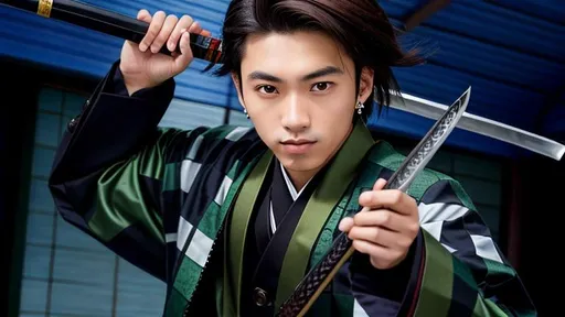 Prompt: Tanjiro a Japanese 18 years old man, brown hair, proud face with brown eyes, wearing a black and green chequered kimono and a black school uniform with silver buttons, also wearing earrings and wielding a katana in his right hand