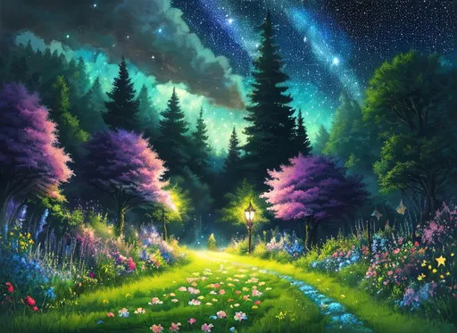 Prompt: Aesthetic, beautiful, painting, cute, soft, art, RPG, highres, illustration, night sky with many stars, wonderland, path, green garden,wild flowers