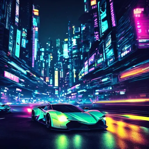 Prompt: fast cars traveling at night, light blur, cyberpunk style