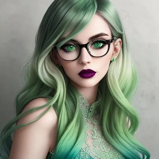 Prompt: A beautiful woman, beautiful face, stunning green eyes, ombre gradient green hair, delicate dress ,wearing glasses, dark lipstick