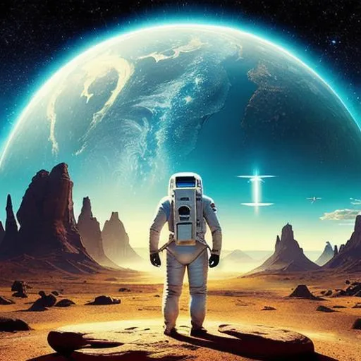Prompt: astronaut going to a portal into an alien planet with advanced civilization 