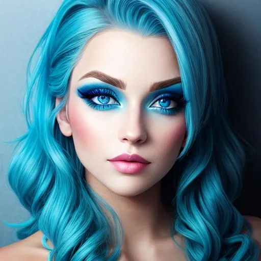 Prompt: A woman all in blue, blue eyes, pretty makeup
