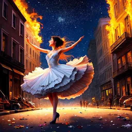 Prompt: painting of a beautiful woman dancing, jumping, screaming, sad, alone, torn gown, flowing , nighttime,  midnight, rule of thirds, post apocalypse, city street,  ruins, ((buildings on fire)), world on fire, dirty, trash, myriad stars, muted color pallette